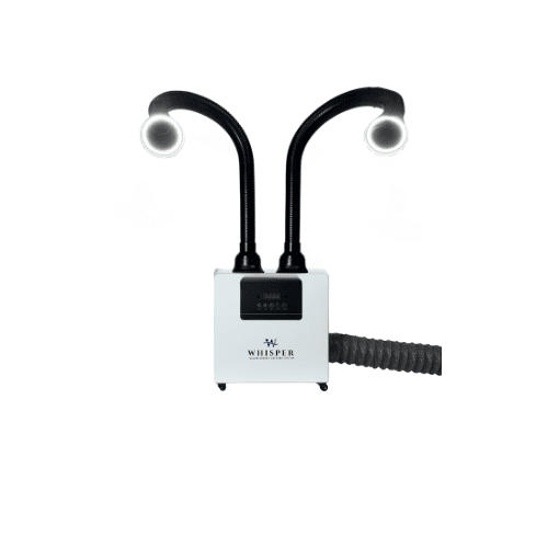A white WHISPER MiniVent air filtration unit with a digital control panel, two flexible black hoses with round suction openings, and an additional ribbed hose extending from the right side. The background is plain white. Read more at Aerovex Systems (aerovexsystems.com)
