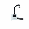 A white Whisper-brand fume extractor with a digital display, control buttons, and a flexible black hose extending upward, ending in a circular nozzle. Another hose extends from the side against a plain white background. Read more at Aerovex Systems (aerovexsystems.com)