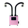 The Vent to Outside Whisper™ MiniVent Nail Salon Source Capture System | Dual Station is a pink, rectangular unit on wheels with a digital display and front control buttons. Two flexible black hoses end in circular vents with light rings, resembling eyes on stalks. Read more at Aerovex Systems (aerovexsystems.com)