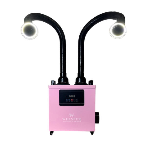 The Vent to Outside Aerovex Whisper™ MiniVent Nail Salon Source Capture System | Dual Station is a pink, rectangular unit on wheels with a digital display and front control buttons. Two flexible black hoses end in circular vents with light rings, resembling eyes on stalks. Read more at Aerovex Systems (aerovexsystems.com)