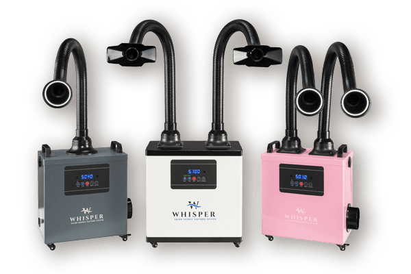 Three Whisper and Whisper MiniVent source capture systems with flexible black hoses stand side by side. The units are grey, white, and pink, each with a digital display panel and the brand "Whisper" on the front. The hoses curve upward and outward, ending in wide, funnel-like openings. Read more at Aerovex Systems (aerovexsystems.com)