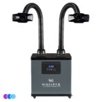 A gray rectangular machine labeled "Whisper Salon Source Capture System" with two flexible black hoses ending in square nozzles. The front features a digital control panel with buttons and a blue display. The machine is on wheels, and three colored dots are in the bottom left corner. Read more at Aerovex Systems (aerovexsystems.com)