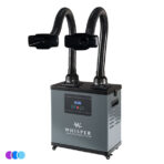 A gray and black WHISPER salon source capture system with a digital control panel, buttons, and two flexible black hoses ending in rectangular vents, designed for air filtration. The unit has wheels at the base and is standing upright against a white background. Read more at Aerovex Systems (aerovexsystems.com)