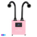 A pink Whisper salon source capture system with two flexible black capture hoses with LED lights, a digital control panel displaying numbers, and wheels at the bottom for mobility. Three small circles in purple, blue, and light blue are at the lower left corner. Read more at Aerovex Systems (aerovexsystems.com)