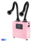 A Whisper source capture system with two flexible black hoses ending in wide, flared openings, each with a ring of small lights inside. The front panel features a digital display, buttons, and the word "WHISPER." The unit is on wheels. Read more at Aerovex Systems (aerovexsystems.com)