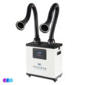 A white, box-shaped fume extractor labeled “Whisper” features two flexible black hoses with flared ends and LED lights, a digital display, control buttons, and caster wheels for mobility. The background is white with three small colored circles in the bottom left corner. Read more at Aerovex Systems (aerovexsystems.com)
