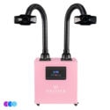 A pink Whisper salon double capture system with a rectangular base featuring a digital control panel and logo, and two flexible black arms ending in wide nozzle vents extending upward and outward. Three small color circles (purple, blue, light blue) are at the bottom left. Read more at Aerovex Systems (aerovexsystems.com)