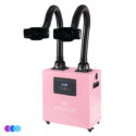 A pink WHISPER Salon Source Capture System with two flexible black suction arms, a digital display, buttons on the front panel, air vents on the sides, and four caster wheels for mobility. The background is plain white. Read more at Aerovex Systems (aerovexsystems.com)