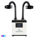 A white rectangular Whisper Source Capture System with a digital display and control buttons on the front. Two flexible black hoses extend upward, each ending in a black rectangular nozzle. The unit has four wheels and is used for air filtration or extraction. Read more at Aerovex Systems (aerovexsystems.com)