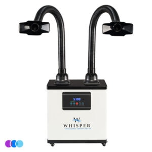 A white rectangular Whisper Source Capture System with a digital display and control buttons on the front. Two flexible black hoses extend upward, each ending in a black rectangular nozzle. The unit has four wheels and is used for air filtration or extraction. Read more at Aerovex Systems (aerovexsystems.com)