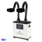 A white and black Whisper nail dust and fume extractor unit labeled "Whisper" with two flexible, black extraction arms and rectangular nozzles. The front panel features a digital display and control buttons. The unit has handles and wheels for mobility. Read more at Aerovex Systems (aerovexsystems.com)