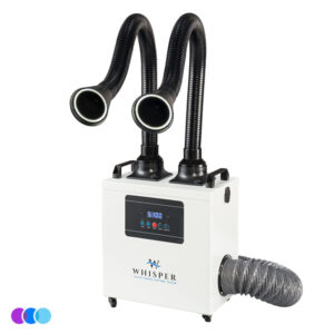 A white, box-shaped Whisper MiniVent fume and nail dust extraction unit labeled "Whisper" features a digital control panel and two flexible black hoses with flared ends and LED lights extending upward. A gray exhaust hose attaches at the side. Three color dots (purple, blue, light blue) appear in the bottom left corner. Read more at Aerovex Systems (aerovexsystems.com)