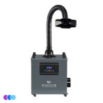 A gray WHISPER MINIVENT salon fume and dust capture unit on wheels with a control panel and display screen. It has a large flexible black hose ending in a flat nozzle, designed to capture fumes and nail dust, extending upward from the top of the machine. White background. Read more at Aerovex Systems (aerovexsystems.com)