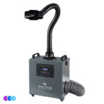 A portable Whisper MiniVent fume extractor with a flexible black hose and wide nozzle at the top, mounted on a gray box labeled "WHISPER." The box features control buttons, a digital display, side handles, wheels, and a corrugated exhaust hose on the right side. Read more at Aerovex Systems (aerovexsystems.com)