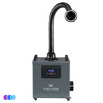 A gray, box-shaped Whisper MiniVent air filtration and nail dust capture unit labeled “Whisper” stands on four small wheels. It features a digital control panel with display and buttons, and a long, flexible black hose extending upward, ending in a circular opening, used for capturing fumes or dust. Read more at Aerovex Systems (aerovexsystems.com)