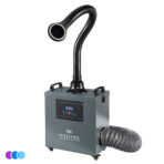 A gray portable Whisper MiniVent fume and nail dust extractor with a flexible black suction arm and hose with LED light. The front panel has control buttons, a digital display, and the “Whisper” logo. The device has handles on top and small wheels at the base, set against a white background. Read more at Aerovex Systems (aerovexsystems.com)