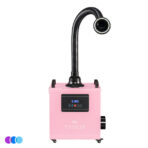 A pink portable Whisper MiniVent air filtration machine and nail dust collector with a flexible black extraction hose extending upward with LED lights. The front panel features a digital display, control buttons, and indicator lights. The "WHISPER" logo and text are printed on the front. The unit is on wheels. Read more at Aerovex Systems (aerovexsystems.com)
