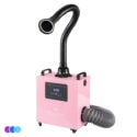 A pink Whisper MiniVent air filtration and nail dust capture machine with a flexible black hose with LED light on top and a gray accordion-style hose on the side. The front features a digital control panel with buttons and display, and the unit sits on small wheels for mobility. Read more at Aerovex Systems (aerovexsystems.com)