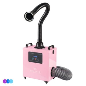 A pink Whisper MiniVent air filtration and nail dust capture machine with a flexible black hose with LED light on top and a gray accordion-style hose on the side. The front features a digital control panel with buttons and display, and the unit sits on small wheels for mobility. Read more at Aerovex Systems (aerovexsystems.com)