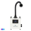 A white Whisper MiniVent air filtration and nail dust capture device labeled “WHISPER” stands upright, featuring a digital control panel on its front and a long, flexible black hose with LED light extending upward and curving forward. The unit has caster wheels and a side vent, set against a plain white background. Read more at Aerovex Systems (aerovexsystems.com)