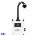A white Whisper MiniVent air filtration and nail dust capture device labeled “WHISPER” stands upright, featuring a digital control panel on its front and a long, flexible black hose with LED light extending upward and curving forward. The unit has caster wheels and a side vent, set against a plain white background. Read more at Aerovex Systems (aerovexsystems.com)