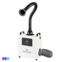 A portable white Whisper MiniVent air filtration and nail dust capture unit with a flexible black hose extending upward and outward, ending in a wide circular nozzle with LED light. The front panel displays controls and the brand "WHISPER." A gray vent hose connects to the lower right side. The unit is on wheels. Read more at Aerovex Systems (aerovexsystems.com)