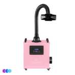 A pink Whisper MiniVent fume and dust extractor machine on wheels, labeled "WHISPER." It features a digital display, control buttons on the front, and a flexible black hose ending in a wide nozzle extending upward and forward. Three color circles appear in the bottom left corner. Read more at Aerovex Systems (aerovexsystems.com)