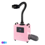 A pink, box-shaped Whisper MiniVent dust and fume extractor machine labeled "Whisper" with a flexible black hose extending upward and another gray hose attached to the side. The front panel displays digital controls and buttons. The machine is on small wheels and set against a white background. Read more at Aerovex Systems (aerovexsystems.com)