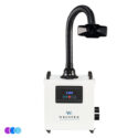 A white Whisper MiniVent brand fume and dust extractor machine with a digital control panel, black flexible hose, and wide black nozzle on top. The device is on wheels and has control buttons and a digital display on the front. Three small color circles are at the bottom left. Read more at Aerovex Systems (aerovexsystems.com)