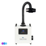 A white Whisper MiniVent brand fume and dust extractor machine with a digital control panel, black flexible hose, and wide black nozzle on top. The device is on wheels and has control buttons and a digital display on the front. Three small color circles are at the bottom left. Read more at Aerovex Systems (aerovexsystems.com)