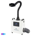 A white Whisper MiniVent air and dust filtration machine labeled "Whisper" with control panel, handles, flexible black extraction arm on top, and a gray exhaust hose on the side, all set against a plain white background. Read more at Aerovex Systems (aerovexsystems.com)