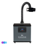 A gray Whisper salon source capture system with a digital control panel, flexible black extraction arm, and a wide nozzle. The unit, on small caster wheels, is designed for air filtration in salons. The brand logo is visible on the front. Read more at Aerovex Systems (aerovexsystems.com)