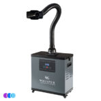 A portable Whisper air and nail dust filtration unit labeled "Whisper Salon Source Capture System" with a flexible black hose and hooded nozzle. The front panel displays digital controls and indicator lights. The unit is gray and black with wheels at the base for mobility. Read more at Aerovex Systems (aerovexsystems.com)