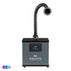 A gray rectangular Whisper air filtration unit labeled "Whisper Salon Source Capture System" stands upright on small wheels. A flexible black hose extends from the top, curving upward with a circular opening with LED light facing forward. The control panel displays digital settings. Read more at Aerovex Systems (aerovexsystems.com)