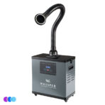 A compact, Whisper rectangular air and nail dust filtration machine with the brand name "Whisper" on the front. It has a digital control panel and a flexible, black hose extending upward with a wide, circular opening and LED light. The unit has caster wheels and is gray with black accents. Read more at Aerovex Systems (aerovexsystems.com)