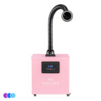 A pink, box-shaped Whisper air and dust capture unit labeled "WHISPER" with a digital control panel and flexible black exhaust hose extending upward with LED light. The unit is on small wheels and set against a white background. Three color dots (purple, blue, light blue) appear in the bottom left. Read more at Aerovex Systems (aerovexsystems.com)