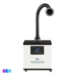 A white, box-shaped Whisper fume and nail dust capture unit labeled “Whisper” with a black flexible hose extending upwards and outward with an LED light. The front panel displays digital controls and buttons. The device is on small wheels, and the background is plain white. Read more at Aerovex Systems (aerovexsystems.com)