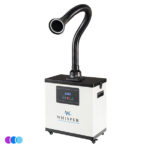 A white and black Whisper portable fume and nail dust extraction machine with a flexible, black, corrugated hose extending upward and curving forward with an LED light. The front panel displays controls and the brand name "Whisper." The unit is on four small caster wheels. Read more at Aerovex Systems (aerovexsystems.com)