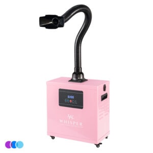 A pink Whisper portable salon source capture machine labeled "Whisper" has a control panel on the front and a flexible black hose extending upward, ending in a wide nozzle. The machine is on small wheels for mobility and has vented sides. Three color circles sit in the corner. Read more at Aerovex Systems (aerovexsystems.com)