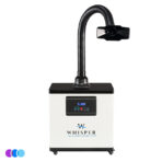 A white and black Whisper salon source capture system labeled "WHISPER" with a digital display screen and control buttons. A flexible black hose extends upward, ending in a wide nozzle. The unit is on small wheels, with three colored circles (purple, blue, cyan) at the bottom left. Read more at Aerovex Systems (aerovexsystems.com)