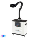 A white and black Whisper Salon Source Capture System machine with a digital display, indicator lights, and a flexible extraction hose extending upward, ending in a wide nozzle. The unit has wheels and vents on its sides. Three color circles are shown in the bottom left corner. Read more at Aerovex Systems (aerovexsystems.com)