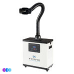 A white and black Whisper Salon Source Capture System machine with a digital display, indicator lights, and a flexible extraction hose extending upward, ending in a wide nozzle. The unit has wheels and vents on its sides. Three color circles are shown in the bottom left corner. Read more at Aerovex Systems (aerovexsystems.com)