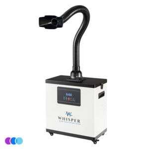A white and black Whisper Salon Source Capture System machine with a digital display, indicator lights, and a flexible extraction hose extending upward, ending in a wide nozzle. The unit has wheels and vents on its sides. Three color circles are shown in the bottom left corner. Read more at Aerovex Systems (aerovexsystems.com)