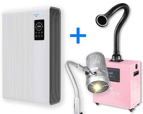 A white Aerovex Systems air purifier with a digital display and control panel is shown next to a pink fume extractor with a black flexible hose and metallic nozzle. A blue plus sign between them suggests combination or synergy. Read more at Aerovex Systems (aerovexsystems.com)