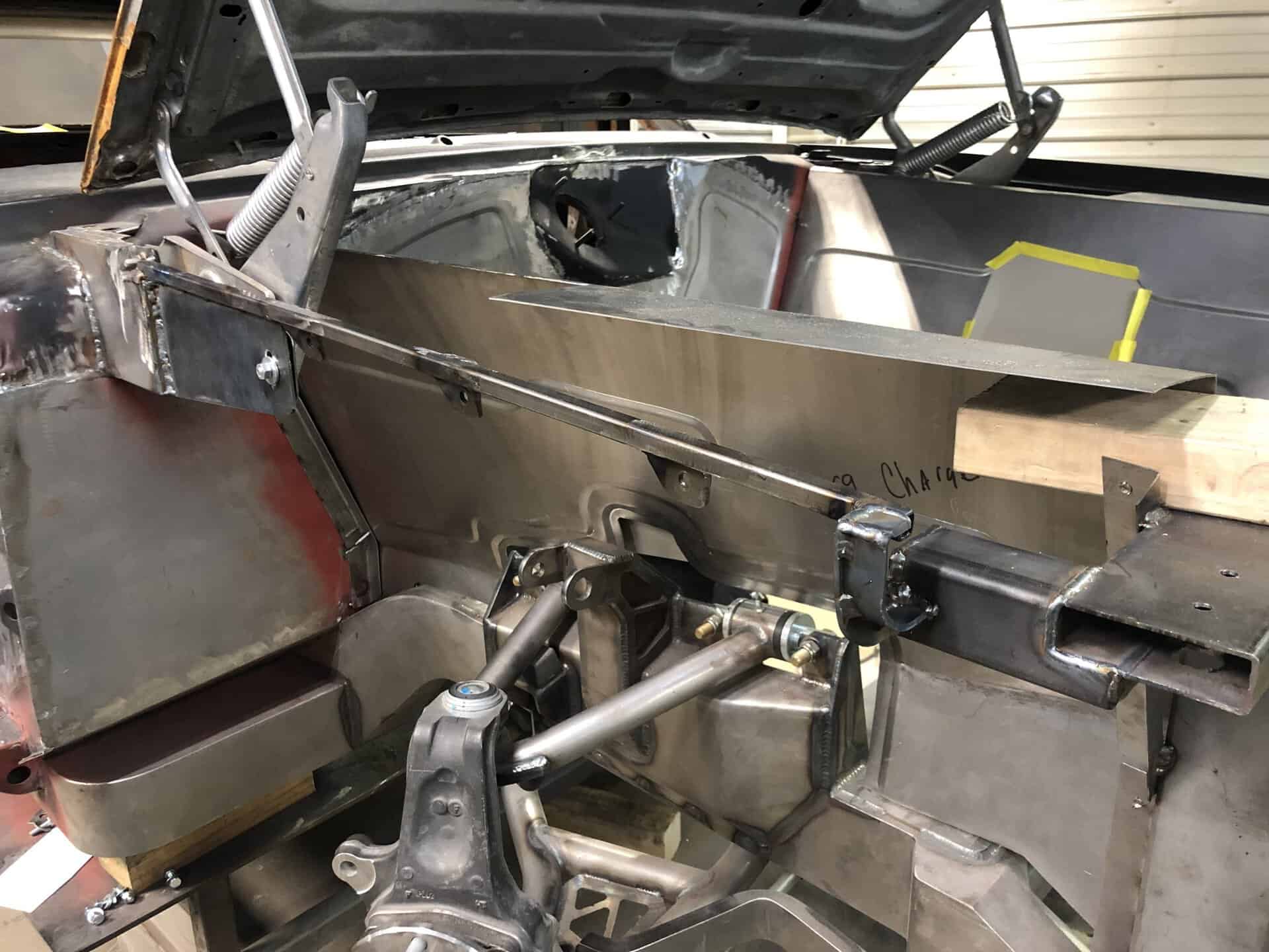 Interior of a custom 1968 Dodge Charger under construction at All Speed Customs.