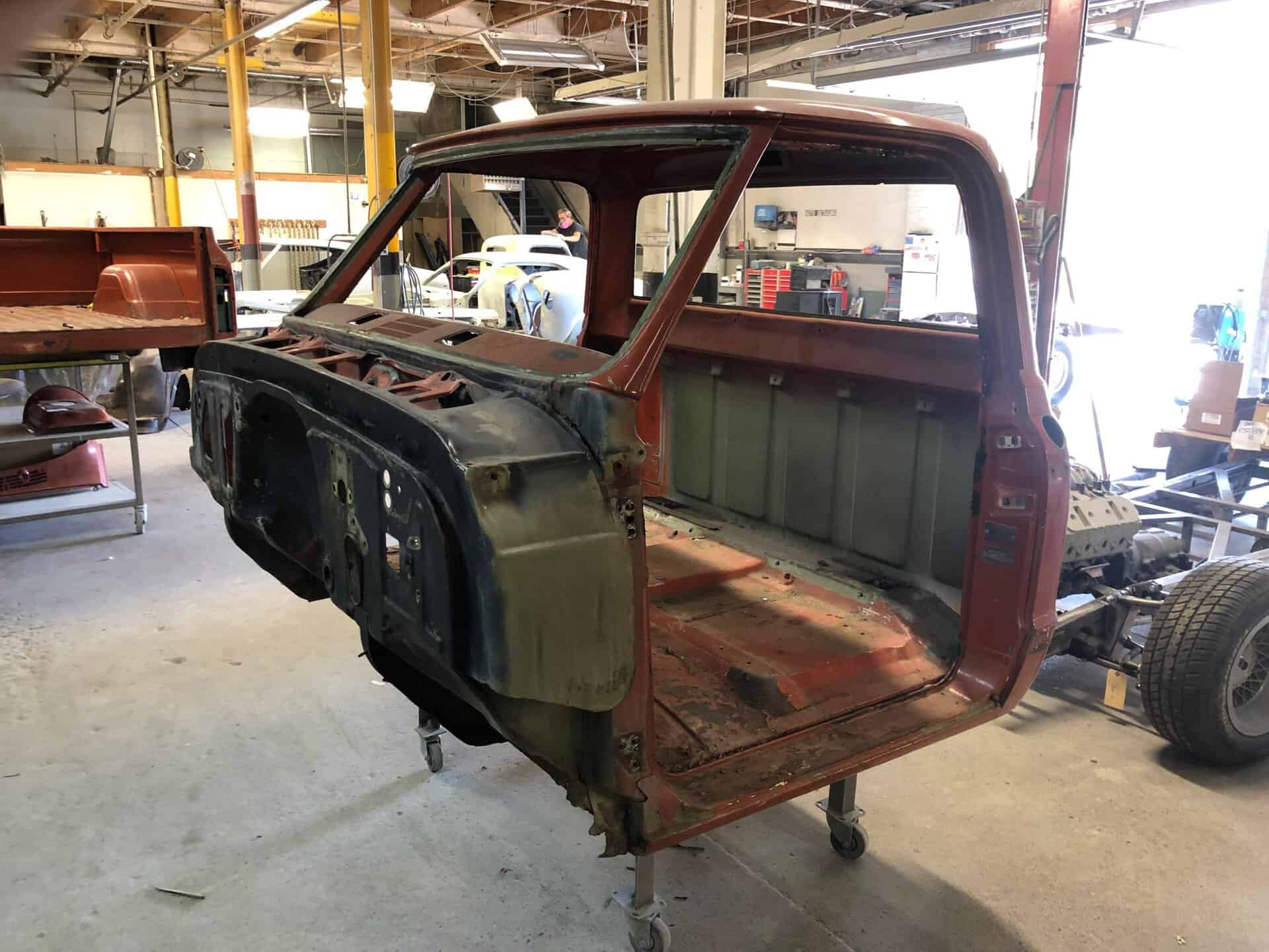 1969 Chevrolet K20 truck cab in restoration process at All Speed Customs.