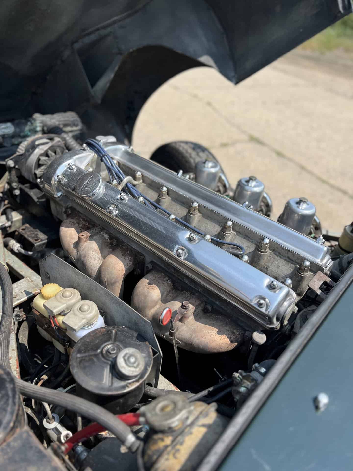 Detailed view of a vintage Jaguar E-Type engine with polished components.