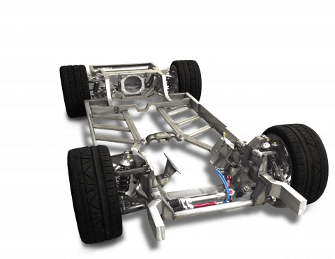 Automotive chassis with suspension and wheels for all-season performance.