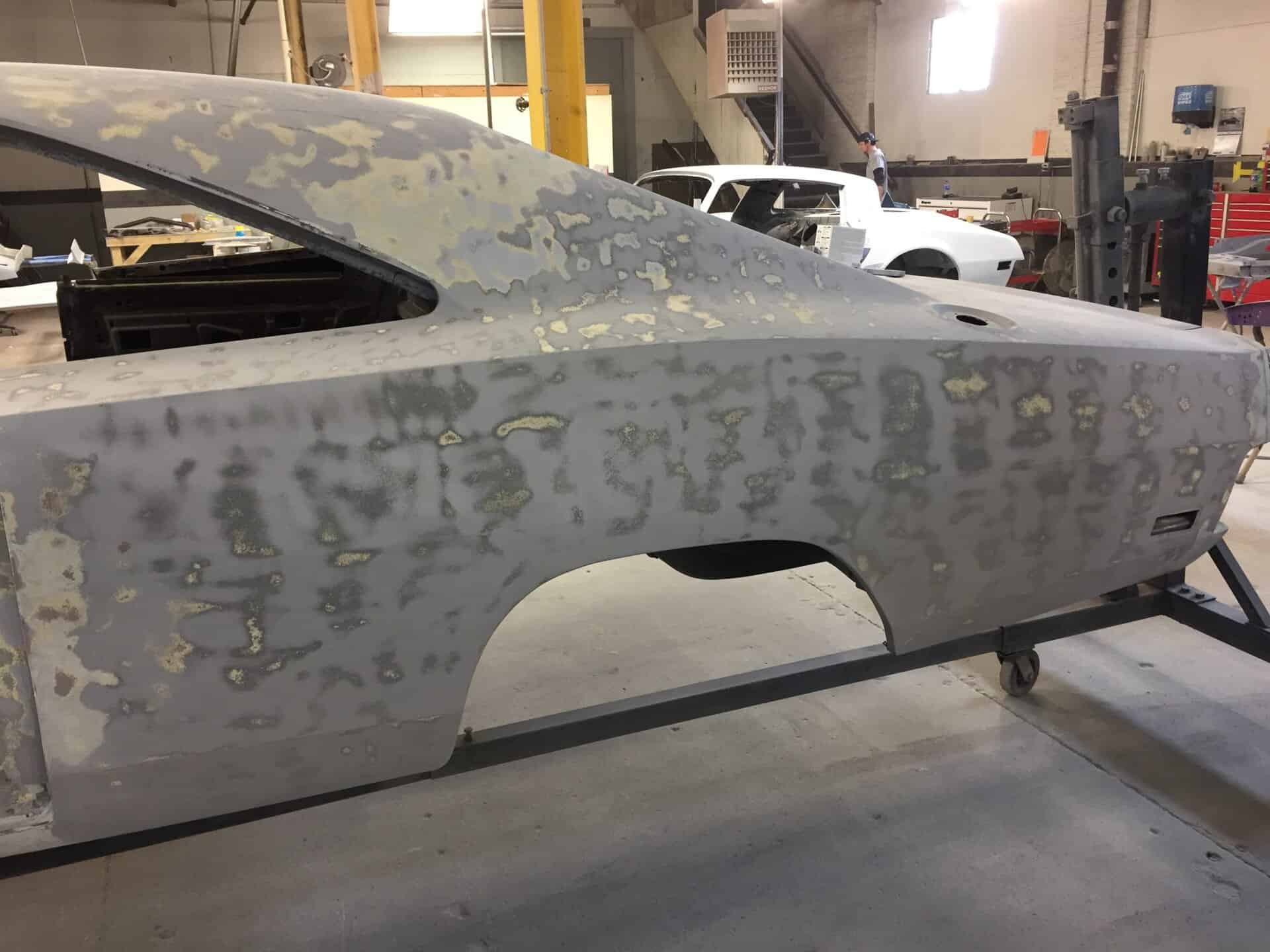 1968 Dodge Charger body shell in progress at All Speed Customs workshop.