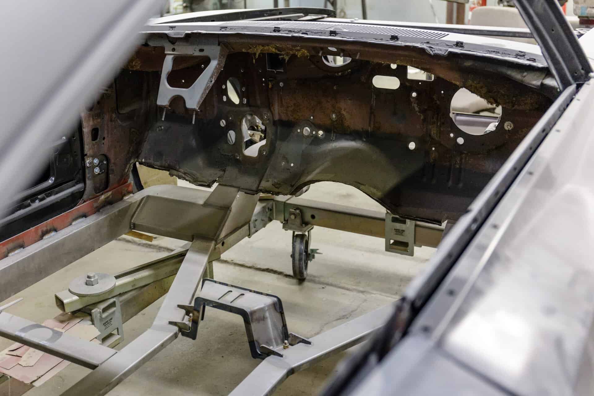 Bare metal interior of a 1968 Dodge Charger during restoration process.